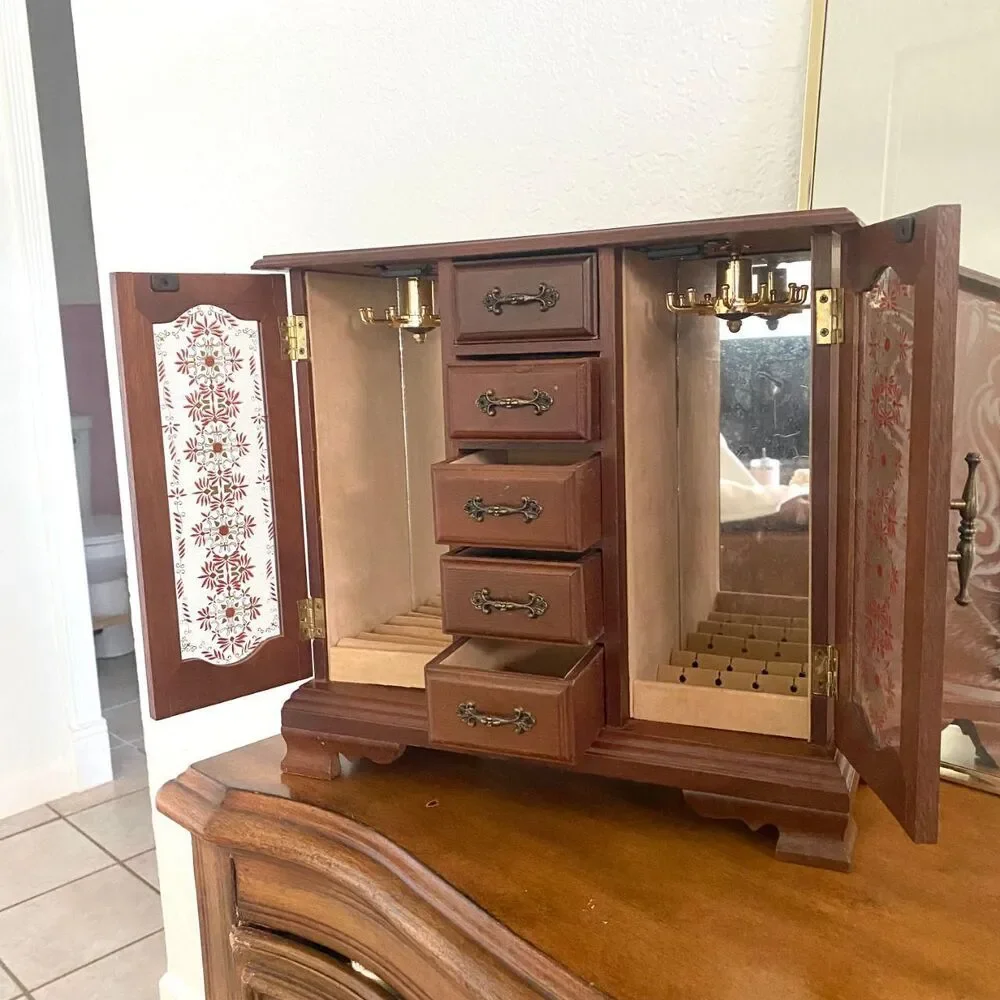 Vintage Taiwanese Wooden Jewelry Armoire Box Mirrored Doors 5 Drawer Jewelry Box
